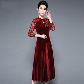 YZL-682新款欧美印花刺绣长袖圆领高腰套头铅笔中长款连衣裙TZW
