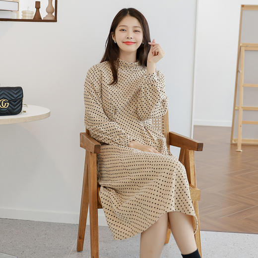 韩都衣舍2019秋装新款女装韩版收腰波点长袖中长款连衣裙MY1380沐 商品图1
