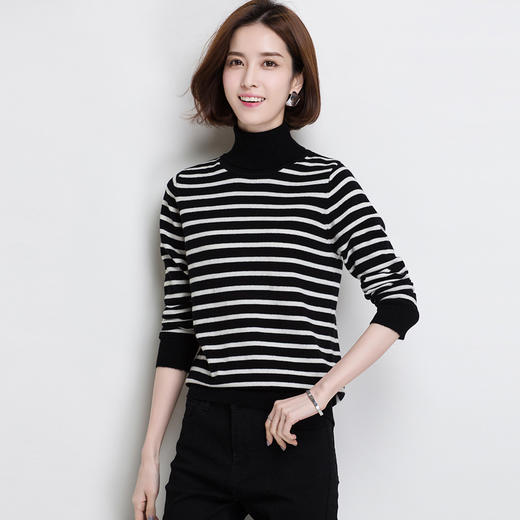 XDE-SX2818黑白条纹毛衣女高领短款韩版超细羊毛衫女2019新款秋冬修身打底衫 商品图3