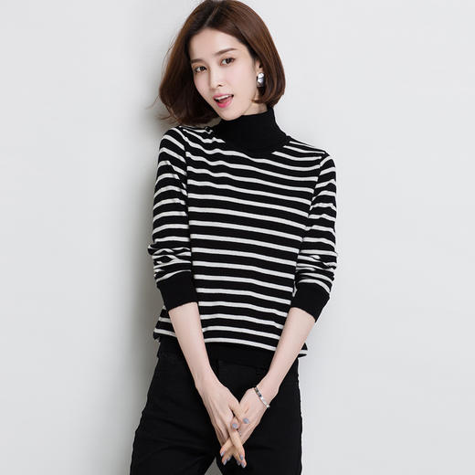 XDE-SX2818黑白条纹毛衣女高领短款韩版超细羊毛衫女2019新款秋冬修身打底衫 商品图2