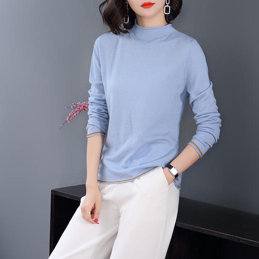 XDE-103秋冬女式韩版休闲半高领修身拼接纯色100羊毛衫针织毛衣 商品图2