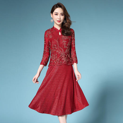 ZY-Q5246新款婚礼婚宴妈妈装礼服2019秋装国风端庄大气水滴领假两件连衣裙 商品图1