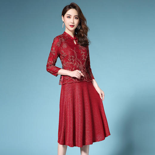 ZY-Q5246新款婚礼婚宴妈妈装礼服2019秋装国风端庄大气水滴领假两件连衣裙 商品图2