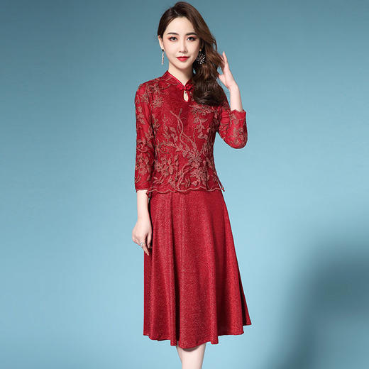 ZY-Q5246新款婚礼婚宴妈妈装礼服2019秋装国风端庄大气水滴领假两件连衣裙 商品图0