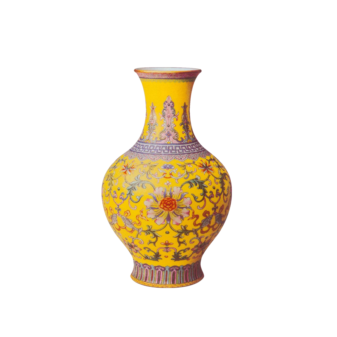 粉彩黄地缠枝花鱼纹瓶