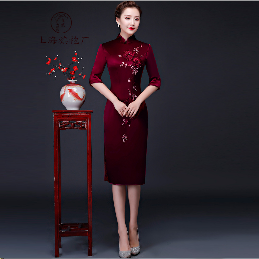 上海旗袍厂LHS-L9080绣花妈妈装婚宴婚庆旗袍喜婆婆婚礼喜事丈母娘旗袍裙