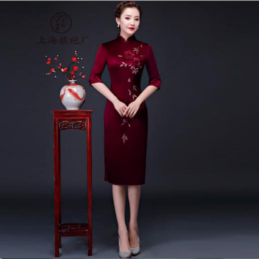 上海旗袍厂LHS-L9080绣花妈妈装婚宴婚庆旗袍喜婆婆婚礼喜事丈母娘旗袍裙 商品图0