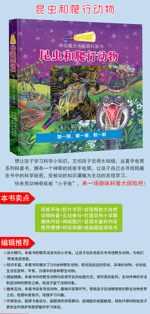 神奇魔法手电筒科普书 恐龙+海洋+野生+昆虫 2-6岁幼儿趣味大百科全书小学生科普书籍 商品图1