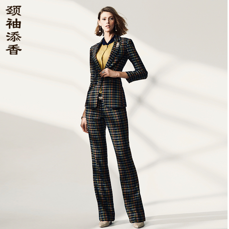 颈袖添香-套裤-J93A3471颈袖添香秋季新款时尚职场气质OL职业装格纹修身小西装套裤女J93A3471