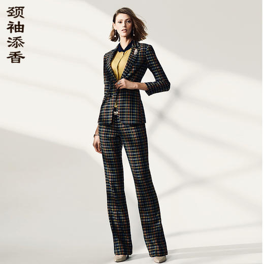 颈袖添香-套裤-J93A3471颈袖添香秋季新款时尚职场气质OL职业装格纹修身小西装套裤女J93A3471 商品图0