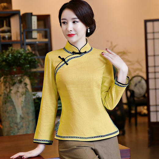 CTN-SY132秋季新款女式品牌长袖棉麻复古立领衬衫 商品图0