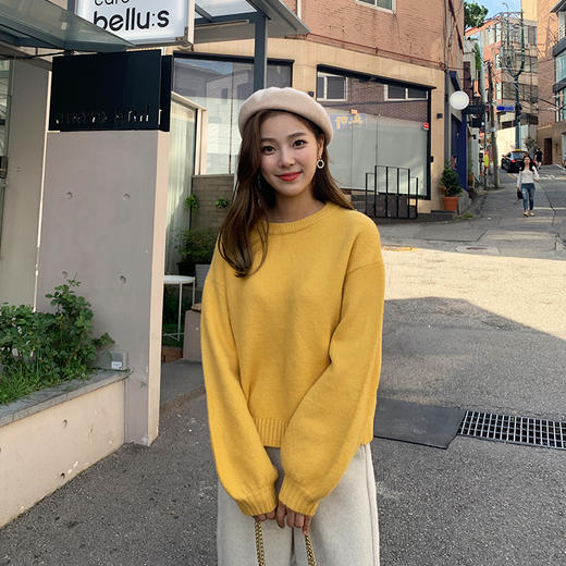韩都衣舍2019新款宽松圆领灯笼袖软奶蓝色毛衣打底女上衣PT9242禧 商品图2