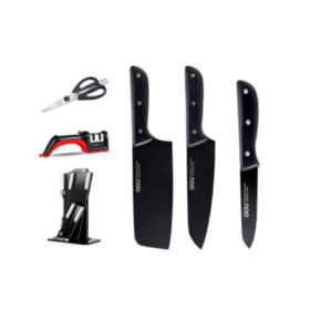 【一般贸易】oou黑尚刀具6件套 （万用刀+厨师刀+菜刀+砍骨刀+剪刀+磨刀器+亚克力刀架）