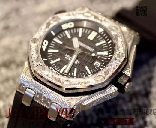 N爱彼15703弗洛伦萨雕花英国限量版。纯精钢！实测高强度防水200米！进口原版开模机械机芯！原装潜水硅胶表带！42毫米直径。 商品图6