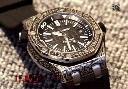 N爱彼15703弗洛伦萨雕花英国限量版。纯精钢！实测高强度防水200米！进口原版开模机械机芯！原装潜水硅胶表带！42毫米直径。 商品图1