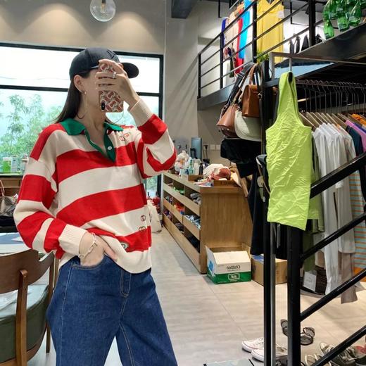 吸睛！宋妍霏机场同款！众多潮人、明星上身！G家撞色红色条纹绿领POLO针织衫毛衣！ 商品图0