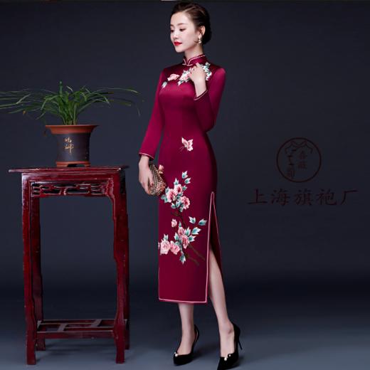 上海旗袍厂LHS-L808立体绣花妈妈装婚宴婚礼加厚旗袍裙2019新款秋冬季 商品图1