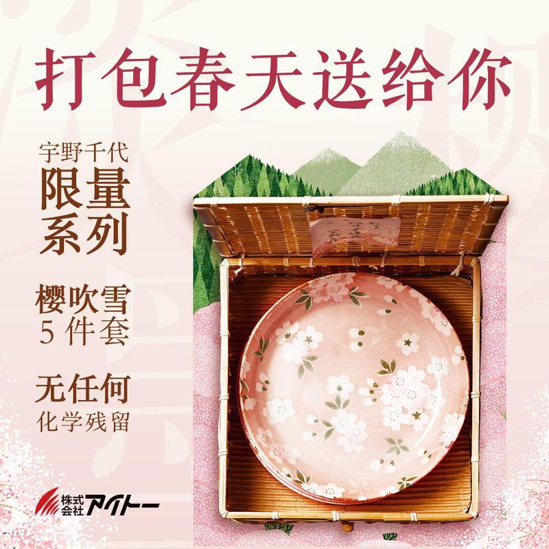 日本原产AITO宇野千代樱吹雪美浓烧陶瓷盘竹笼礼盒5件套