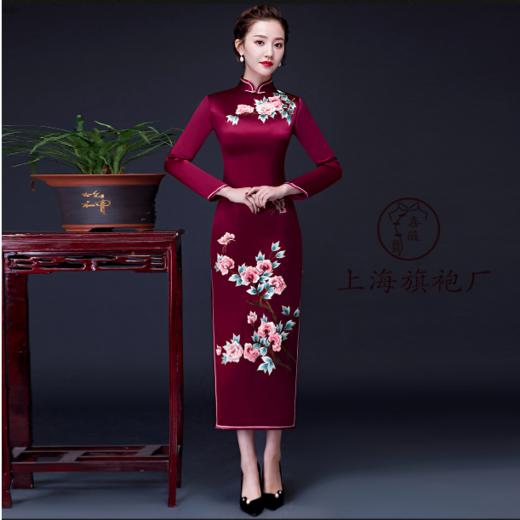 上海旗袍厂LHS-L808立体绣花妈妈装婚宴婚礼加厚旗袍裙2019新款秋冬季 商品图0