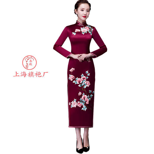 上海旗袍厂LHS-L808立体绣花妈妈装婚宴婚礼加厚旗袍裙2019新款秋冬季 商品图5