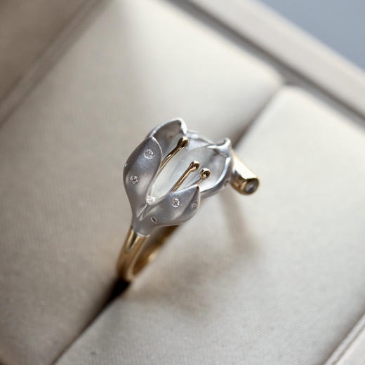 玻璃种翡翠玉兰花开戒指18k黄金白金钻石镶嵌 商品图2