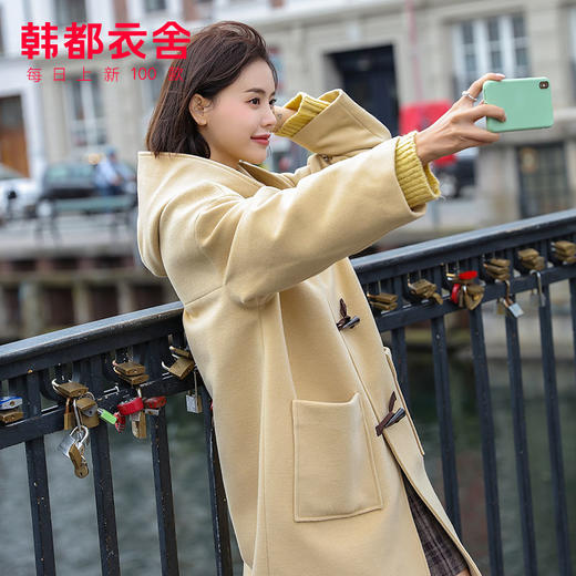 韩都衣舍2020冬装新款韩版中长款牛角扣毛呢外套女GE00140甦0920 商品图2