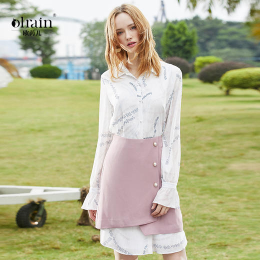 欧芮儿时尚套装女中长款印花衬衫加粉色不规则半身裙新款 商品图0