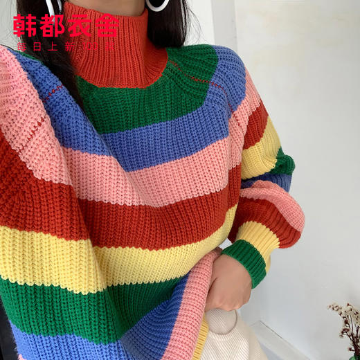 韩都衣舍2019秋装新款韩版女装撞色彩虹上衣毛衣针织衫OM80947樰 商品图2