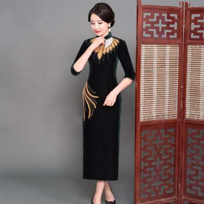 GY-SD059-060新款复古中老年旗袍金丝绒长款钉珠旗袍 商品图1