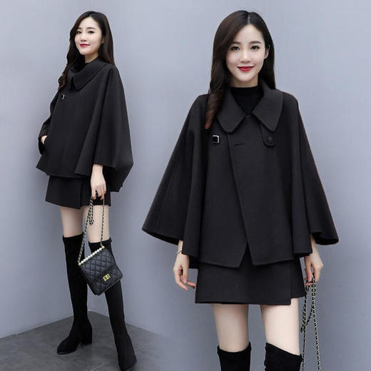 毛呢斗篷外套女短裙百搭两件套2019秋冬蝙蝠袖HL9628 商品图1