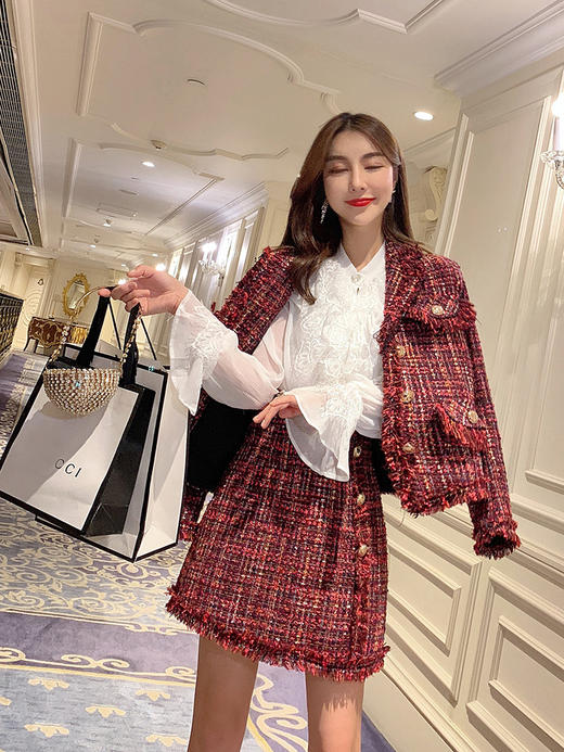 张心子成熟套装女神显瘦2019秋新款复古格纹酒红色小香风两件套女190925 商品图3