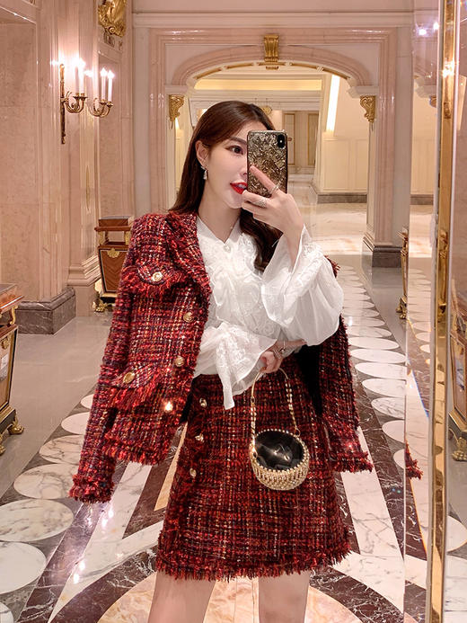 张心子成熟套装女神显瘦2019秋新款复古格纹酒红色小香风两件套女190925 商品图0