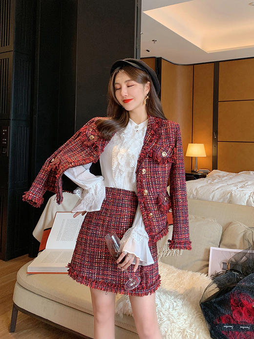 张心子成熟套装女神显瘦2019秋新款复古格纹酒红色小香风两件套女190925 商品图2