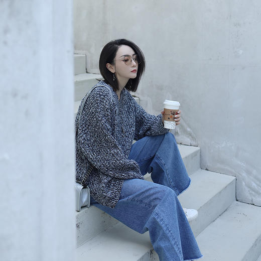 珞藤/慵懒风定染花纱羊毛V领毛衣女秋冬oversize风侧开叉针织衫潮 商品图3
