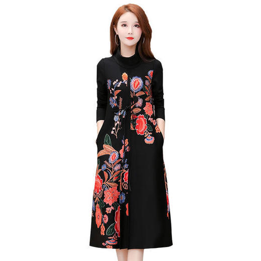 YWE-XQD-MB1956新款长袖大码高领印花连衣裙 商品图3