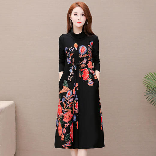 YWE-XQD-MB1956新款长袖大码高领印花连衣裙 商品图0