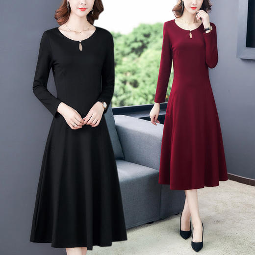GZM-gd7960简约大气时尚阔太太妈妈连衣裙女2019秋装新款纯色百搭大摆长裙子 商品图0