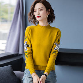 PY-38852       秋冬装新款时尚刺绣女士韩版宽松半高领打底针织毛衣套头