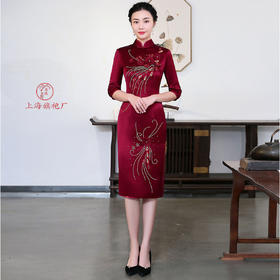 上海旗袍厂LHS-1083红新款立体绣花妈妈装婚宴旗袍喜婆婆婚礼婚庆旗袍裙礼服中长袖秋季