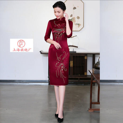 上海旗袍厂LHS-1083红新款立体绣花妈妈装婚宴旗袍喜婆婆婚礼婚庆旗袍裙礼服中长袖秋季 商品图3
