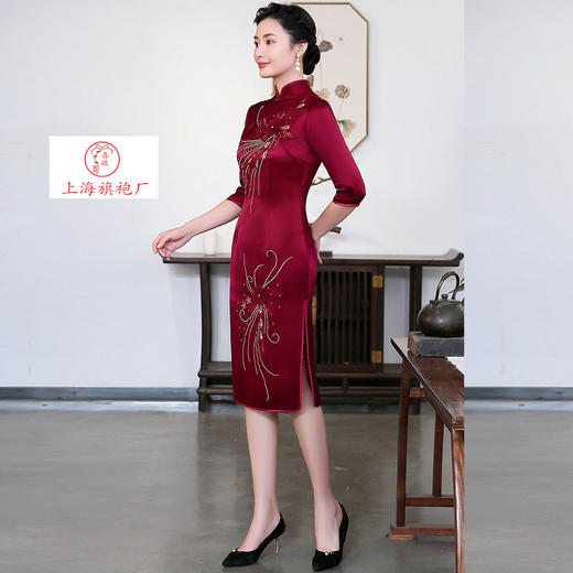 上海旗袍厂LHS-1083红新款立体绣花妈妈装婚宴旗袍喜婆婆婚礼婚庆旗袍裙礼服中长袖秋季 商品图5