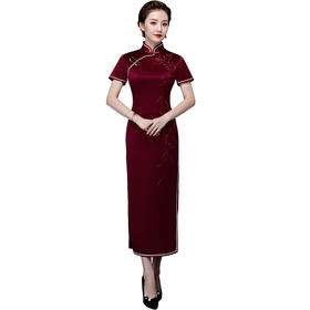 上海旗袍厂LHS-L9060酒红色妈妈装婚宴婚礼婚庆喜宴旗袍礼服端庄大气长款绣花旗袍裙