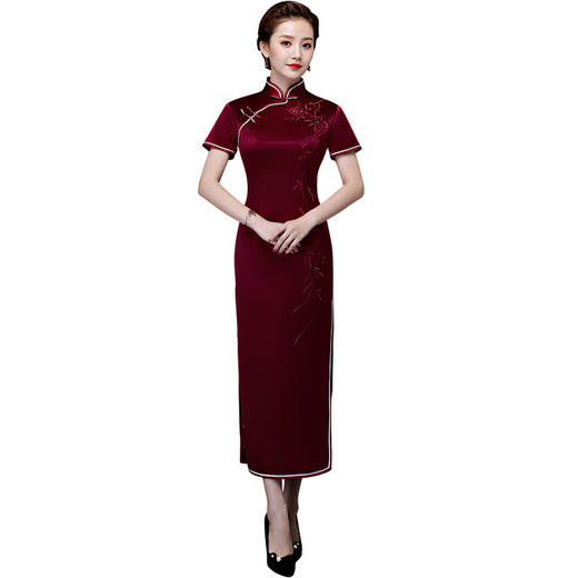 上海旗袍厂LHS-L9060酒红色妈妈装婚宴婚礼婚庆喜宴旗袍礼服端庄大气长款绣花旗袍裙 商品图0