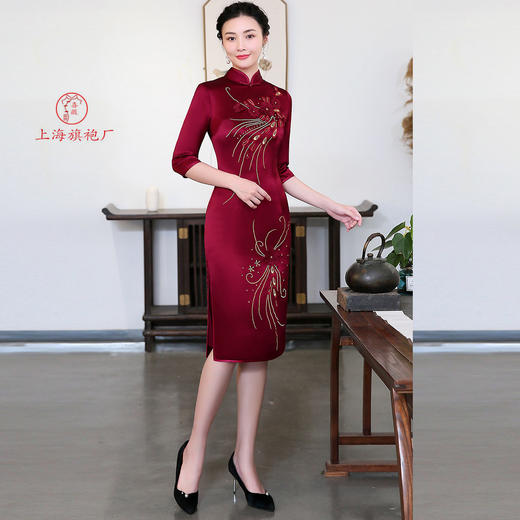 上海旗袍厂LHS-1083红新款立体绣花妈妈装婚宴旗袍喜婆婆婚礼婚庆旗袍裙礼服中长袖秋季 商品图2