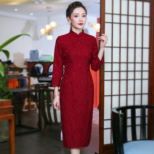 上海旗袍厂XGT-Q9402秋冬装中国风改良长袖妈妈装喜婆婆宴会旗袍婚礼服 商品图0