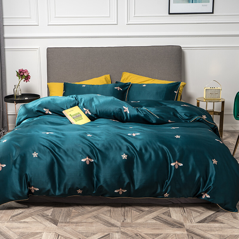 OKIOKI水洗臻丝四件套夏季冰丝欧式丝滑真丝床单被套夏凉床上用品 蜂王 适合1.5-1.8床(被套200x230)