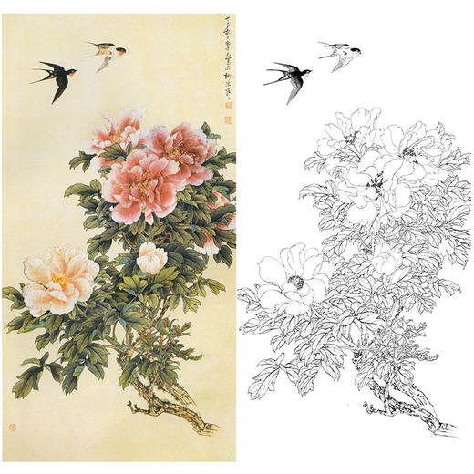 田世光工笔竖幅花鸟白描底稿-《春光燕舞》-多种白描尺寸可选-SG19 商品图0