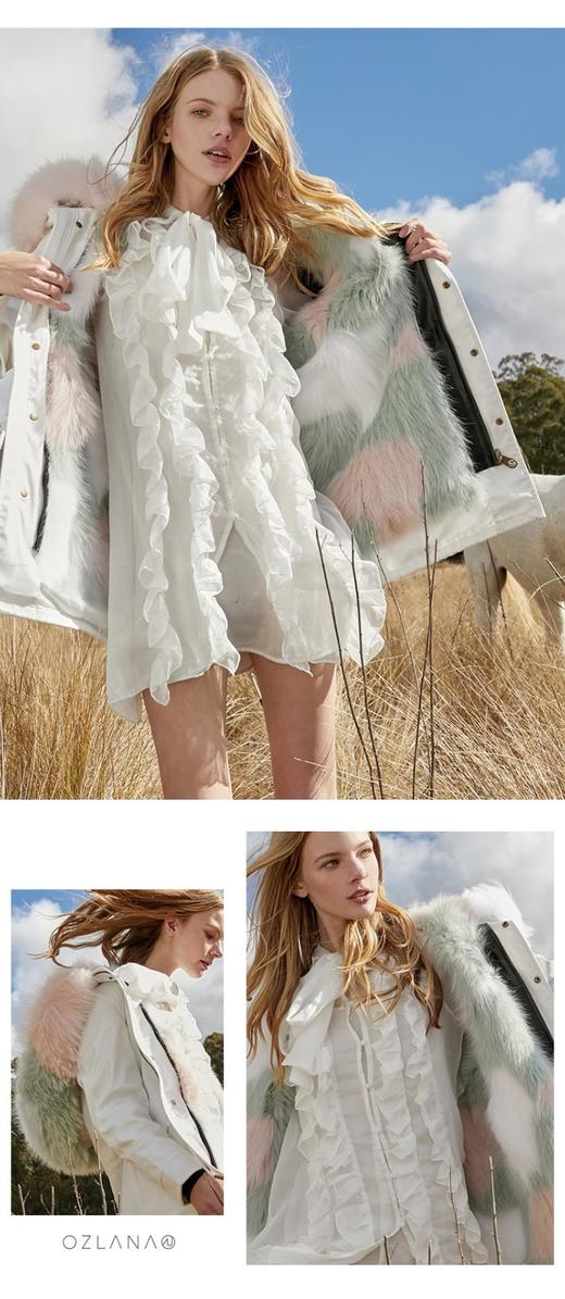 【授权商品】OZLANA绿色箭头狐狸毛派克大衣192093派克服2019冬款新款派皮草外套女士加厚保暖可拆卸大毛领鹅绒羽绒 中长款（下单请备注尺码XS~XL码 下单后20天内发货） 商品图10