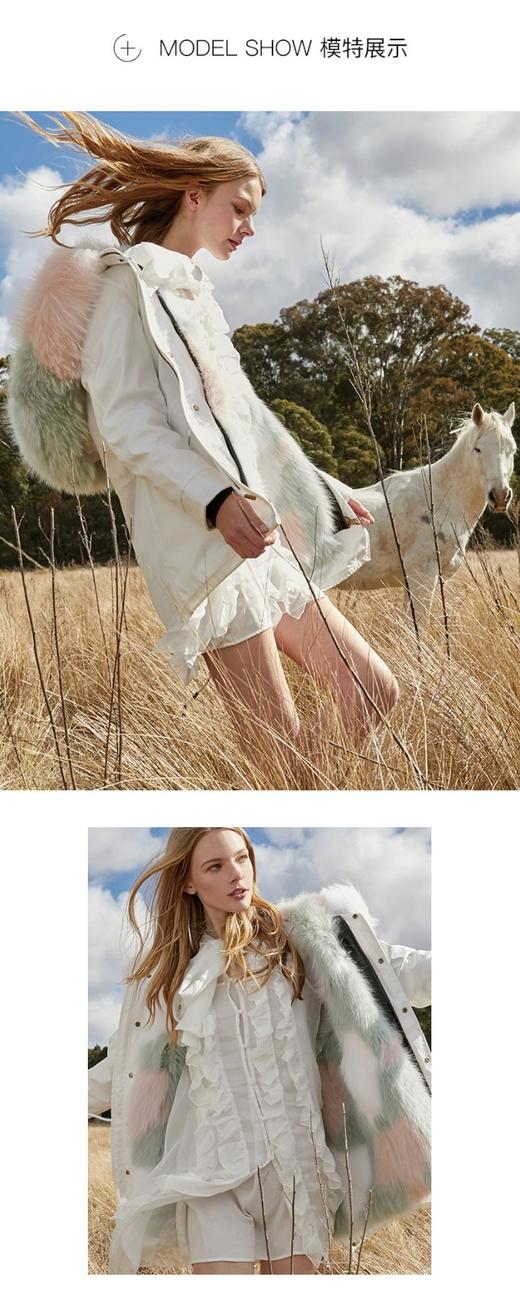 【授权商品】OZLANA绿色箭头狐狸毛派克大衣192093派克服2019冬款新款派皮草外套女士加厚保暖可拆卸大毛领鹅绒羽绒 中长款（下单请备注尺码XS~XL码 下单后20天内发货） 商品图8