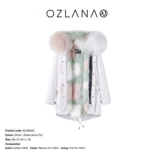【授权商品】OZLANA绿色箭头狐狸毛派克大衣192093派克服2019冬款新款派皮草外套女士加厚保暖可拆卸大毛领鹅绒羽绒 中长款（下单请备注尺码XS~XL码 下单后20天内发货） 商品图0